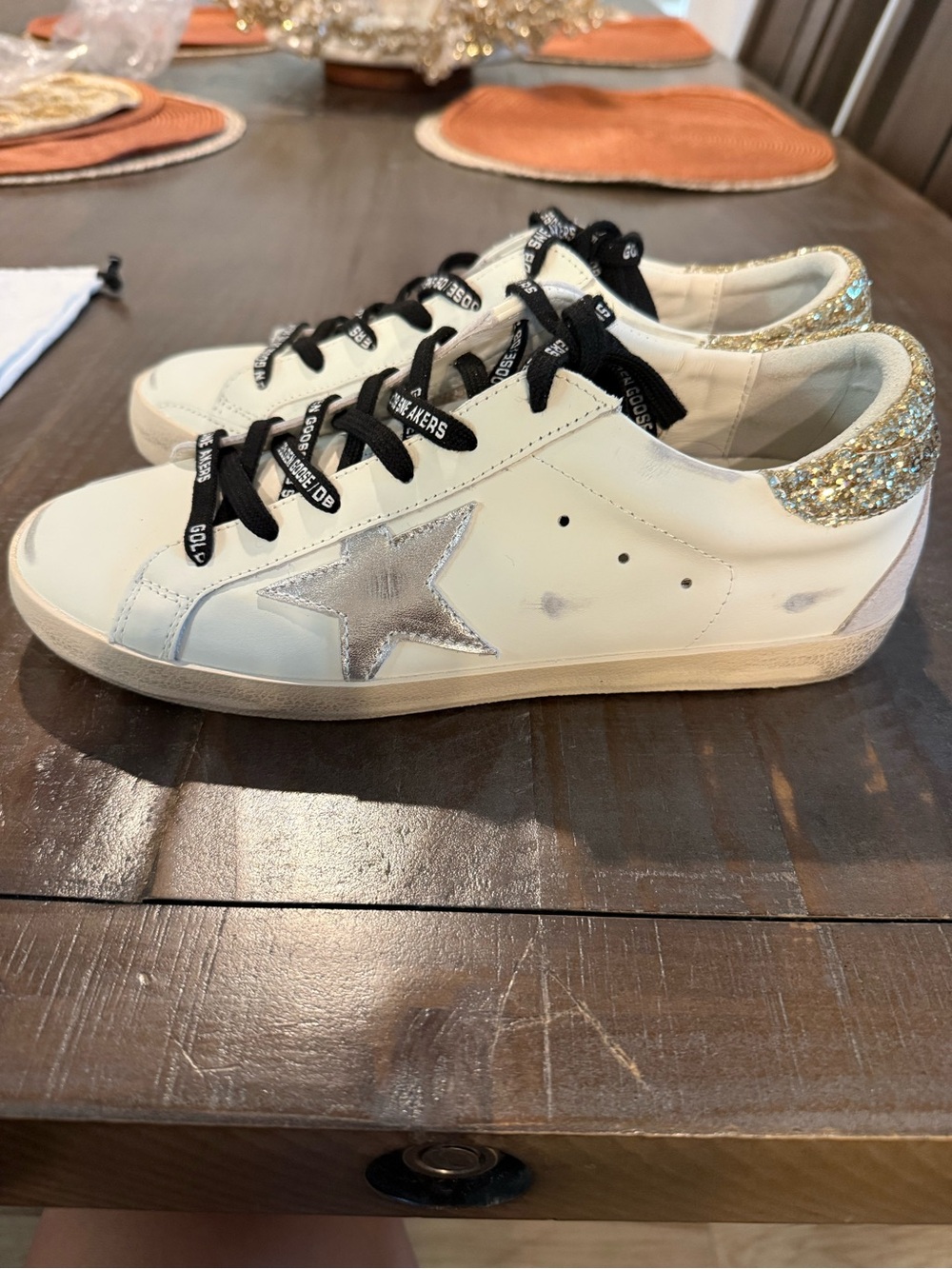 Golden Goose White Sneakers with Silver Star and Gold Glitter Heel - Picture 4 of 8